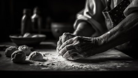 Senior woman kneading dough in rustic kitchen, preparing homemade meal generated by artificial intelligenceの素材