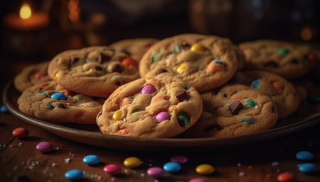 Indulgent homemade chocolate chip cookies on rustic wooden table generated by artificial intelligenceの素材