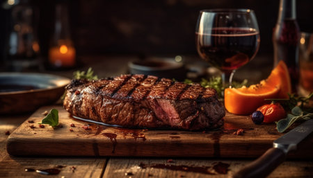 Juicy grilled porterhouse steak with fresh tomato and herb seasoning generated by artificial intelligenceの素材