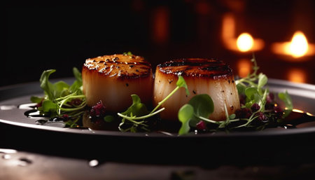 A gourmet seafood appetizer plate with grilled fillet and sauce generated by artificial intelligenceの素材