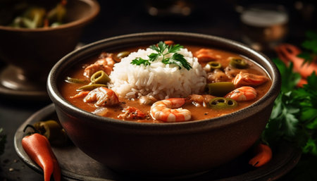A gourmet vegetarian stew with edible mushrooms, rice, and spices generated by artificial intelligenceの素材