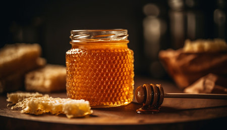 Organic honey poured from jar onto rustic bread slice, delicious refreshment generated by artificial intelligenceの素材