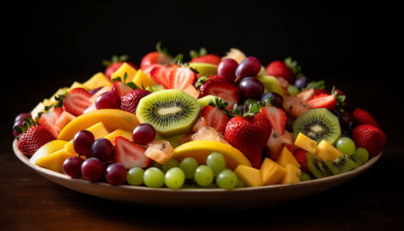 Colorful fruit salad with fresh berries, kiwi, and pineapple slices generated by artificial intelligenceの素材