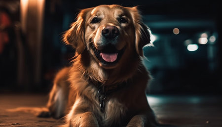 Joyful golden retriever puppy sitting outdoors, looking at camera cheerfully generated by artificial intelligenceの素材