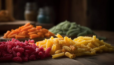 Healthy Italian lunch Tricolor pasta variation on rustic wooden plank generated by artificial intelligenceの素材