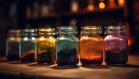 Fresh organic vegetable collection in multi colored glass jars on table generated by artificial intelligenceの素材