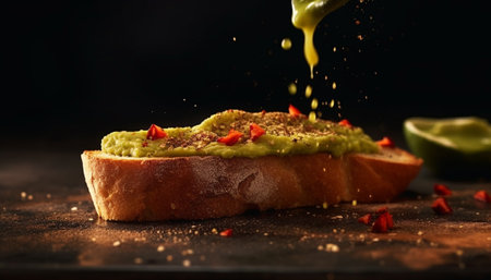 Grilled vegetable ciabatta sandwich with homemade guacamole, a healthy meal generated by artificial intelligenceの素材