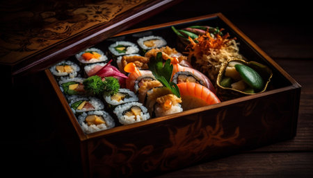 Fresh seafood meal sashimi, maki sushi, and California roll variation generated by artificial intelligenceの素材