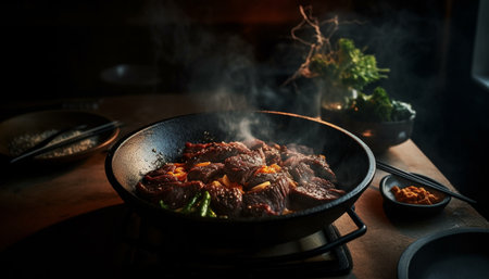 Grilled meat plate with fresh vegetables, cooked to perfection generated by artificial intelligenceの素材