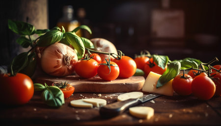 Healthy vegetarian lunch with homemade bread, fresh mozzarella and tomato generated by artificial intelligenceの素材