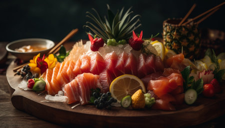 A fresh seafood fillet, grilled to perfection, served with salad generated by artificial intelligenceの素材