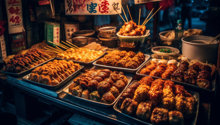 Grilled skewered seafood and meat sold by street vendors generated by artificial intelligenceの素材