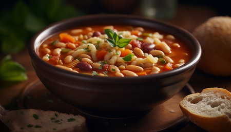 A rustic vegetarian stew with fresh organic vegetables and bread generated by artificial intelligenceの素材