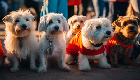 A cute puppy and a playful terrier sitting outdoors together generated by artificial intelligenceの素材