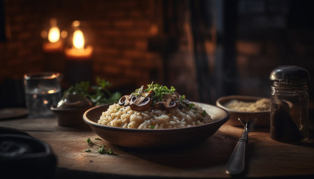Vegetarian risotto with fresh vegetables, parmesan cheese, and basmati rice generated by artificial intelligenceの素材