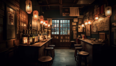 Rustic wine bar illuminates modern architecture with elegant lighting design generated by artificial intelligenceの素材