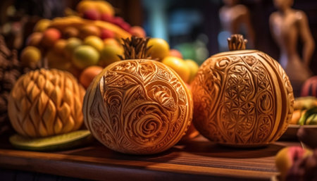 Rustic pumpkin collection adorns ornate wooden table for autumn celebration generated by artificial intelligenceの素材