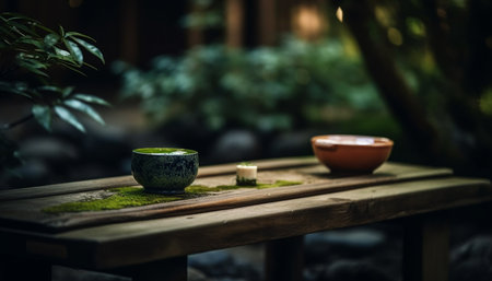 Rustic teapot on formal table, surrounded by green nature decoration generated by artificial intelligenceの素材