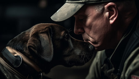 A man best friend loyalty, love, and friendship embraced generated by artificial intelligenceの素材