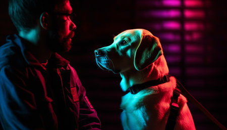 A loyal purebred retriever sitting with his pampered owner outdoors generated by artificial intelligenceの素材