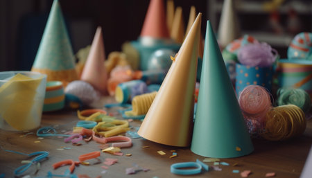 A vibrant celebration of creativity with colorful balloons and confetti generated by artificial intelligenceの素材