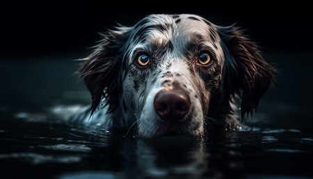 Portrait of a cute purebred puppy, wet and looking at camera generated by artificial intelligenceの素材