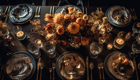 A rustic banquet with ornate crockery, fresh flowers, and wine generated by artificial intelligenceの素材