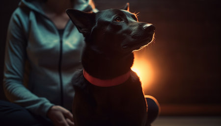 A cute purebred retriever sitting indoors, looking at its owner generated by artificial intelligenceの素材