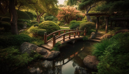 Japanese garden reflects tranquility in autumn, a perfect travel destination generated by artificial intelligenceの素材