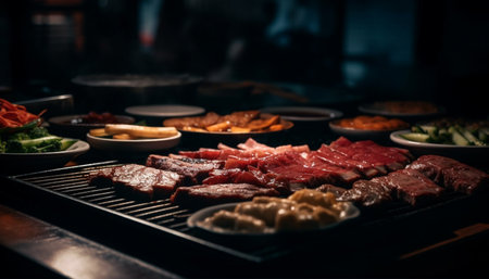 Grilled steak and pork fillet, a gourmet barbecue meal generated by artificial intelligenceの素材