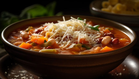 A healthy vegetarian stew with fresh vegetables and homemade pasta generated by artificial intelligenceの素材