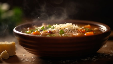 Freshly cooked vegetable stew with pork and rice on table generated by artificial intelligenceの素材