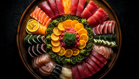 A gourmet meal of fresh seafood, sushi, and vegetables generated by artificial intelligenceの素材