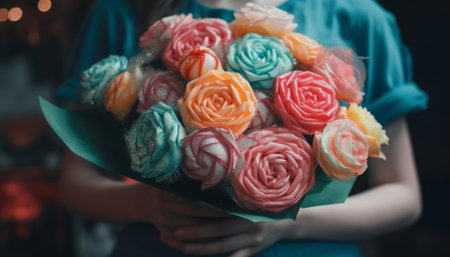 Two women holding a bouquet of multi colored flowers in celebration generated by artificial intelligenceの素材