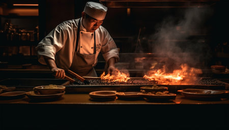 The skilled chef expertly grilled the steak in the commercial kitchen generated by artificial intelligenceの素材