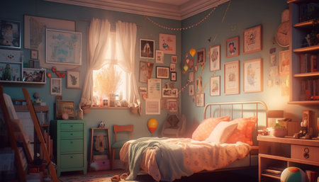 A cozy and modern bedroom with elegant wooden flooring and decor generated by artificial intelligenceの素材