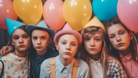 A group of cheerful children smiling at a birthday party generated by artificial intelligenceの素材
