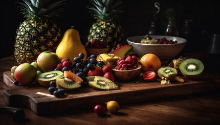 Fresh organic fruit bowl Pineapple, kiwi, orange, and berry variation generated by artificial intelligenceの素材