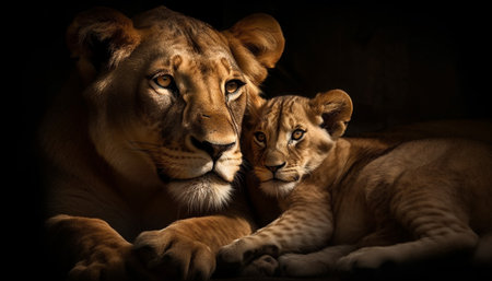 Majestic lioness staring at camera, hiding in wildlife reserve generated by artificial intelligenceの素材