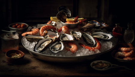 Grilled seafood platter with crab claw, scallop, and octopus generated by artificial intelligenceの素材