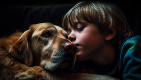 Joyful children embrace playful puppy in cozy home interior generated by artificial intelligenceの素材