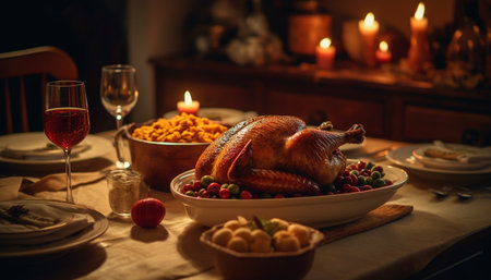 Roast turkey, pumpkin pie, and wine a gourmet holiday meal generated by artificial intelligenceの素材