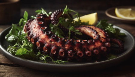Grilled octopus appetizer on a bed of fresh salad greens generated by artificial intelligenceの素材