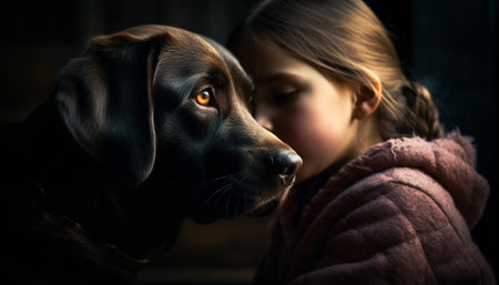 Smiling females embrace playful retriever puppy in nature beauty generated by artificial intelligenceの素材