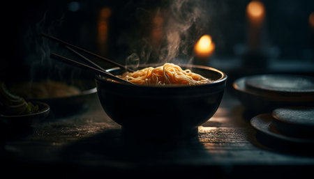 A gourmet Chinese soup meal, cooked with fresh ingredients, glowing generated by artificial intelligenceの素材