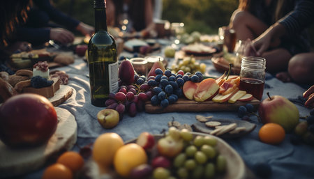 A gourmet picnic with organic wine, fresh fruit, and relaxation generated by artificial intelligenceの素材