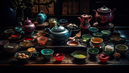 Antique Chinese ceramics adorn rustic kitchen table in still life generated by artificial intelligenceの素材