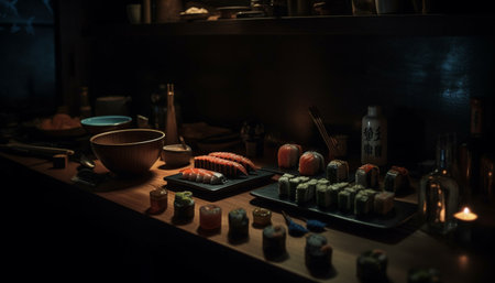 Crafting a gourmet seafood meal in a commercial kitchen workshop generated by artificial intelligenceの素材