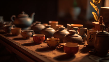 An antique teapot, crafted from earthenware, sits on a table generated by artificial intelligenceの素材