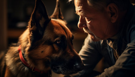 A loyal German Shepherd sitting close to his affectionate owner generated by artificial intelligenceの素材